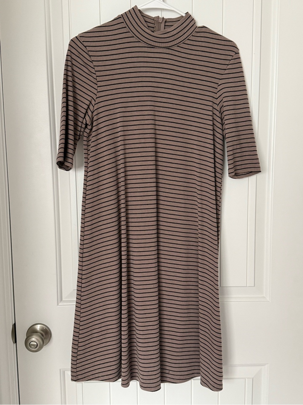 Striped Mock Neck A-Line Dress in Taupe and Black